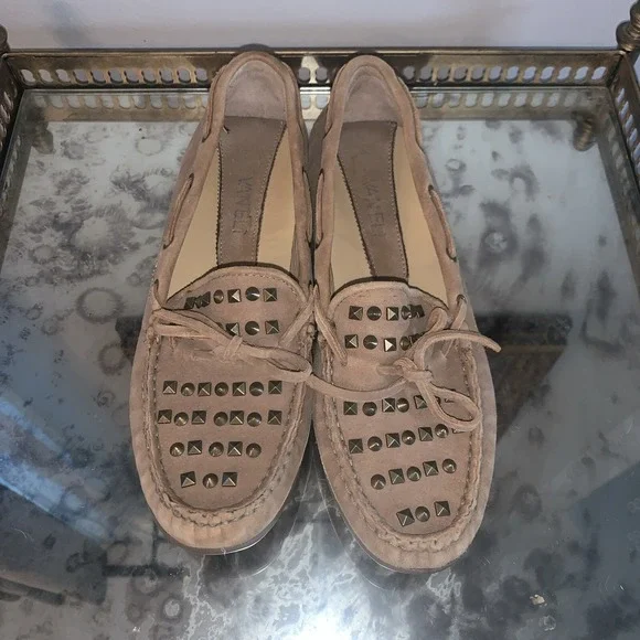 VAN ELI Shoes Womens 6  Tan Suede Bronze Studded Top Moccasin Driving‎ Loafers - Picture 2 of 7